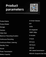Innovation AI Smart Glass HD1080P Appareil photo Appel vocal Musique Caméra vidéo Bluetooth Caméra vidéo Micro DVR Surveillance Lunettes photo 200W