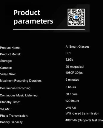 Innovation AI Smart Glass HD1080P Appareil photo Appel vocal Musique Caméra vidéo Bluetooth Caméra vidéo Micro DVR Surveillance Lunettes photo 200W